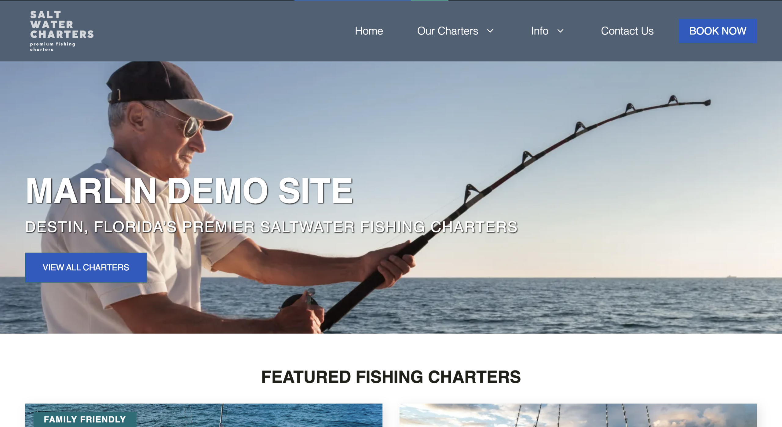 Man fishing on a boat with ocean backdrop; website header text for a charter service.
