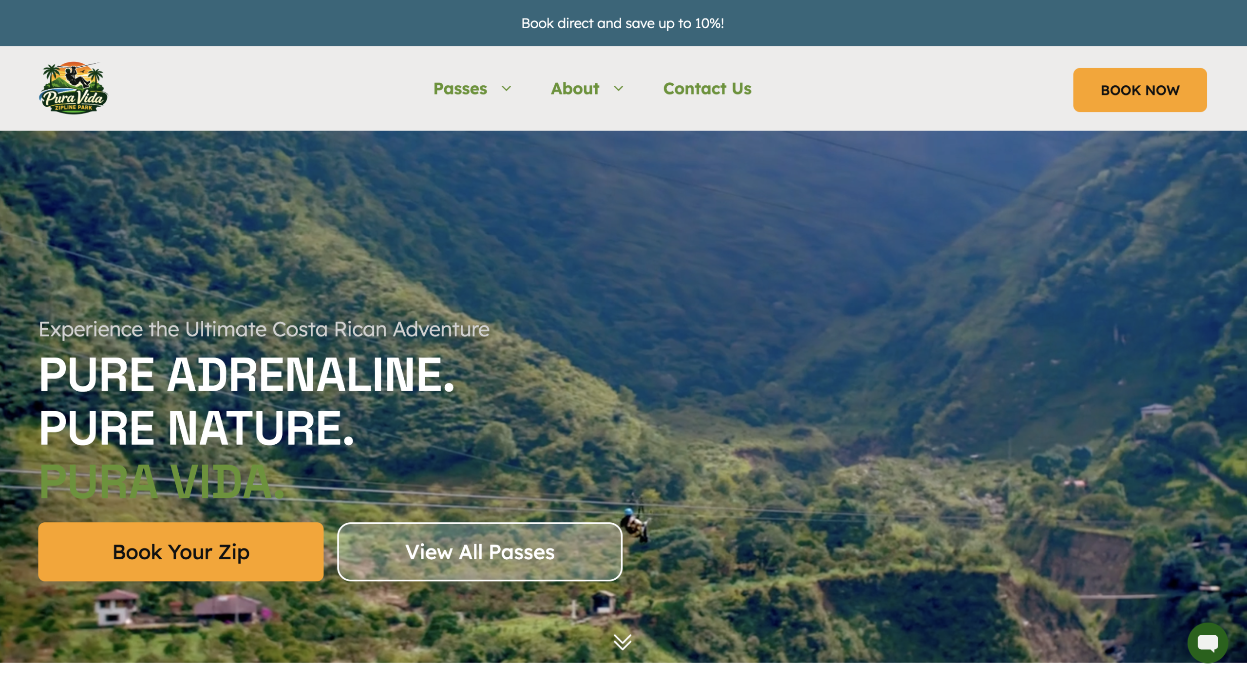 Lush green valley with text about Costa Rican adventure and booking options.
