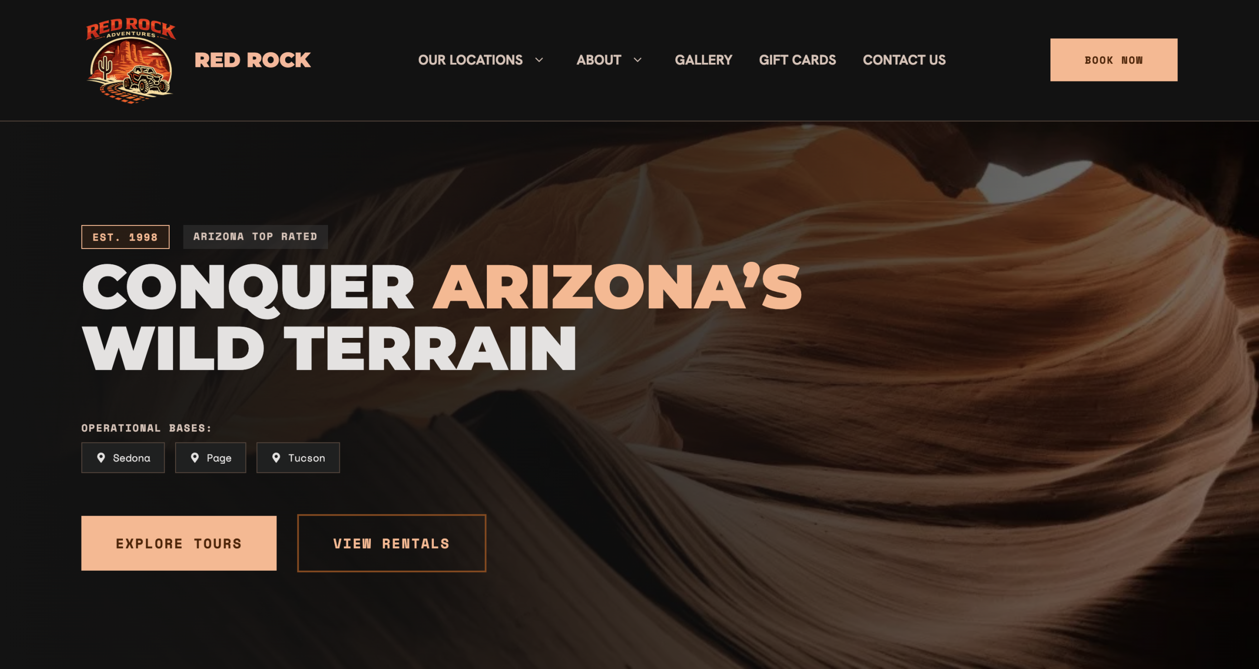 Website with desert canyon background and text promoting Arizona tours.